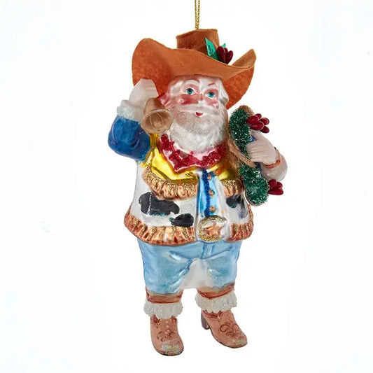 Glass Cowboy Santa Ornament