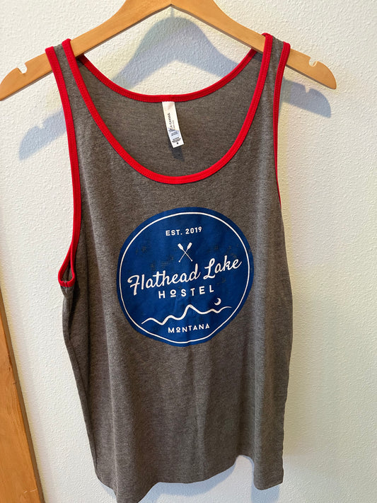 Flathead Lake Hostel Gray, Blue, Red Tank