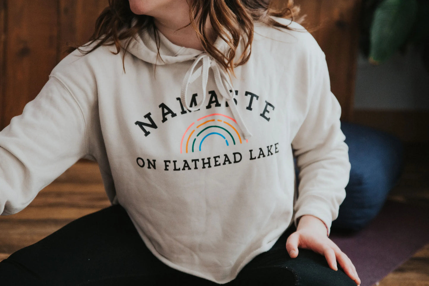 ‘NAMASTE ON FLATHEAD LAKE’ CROP TOP HOODIE